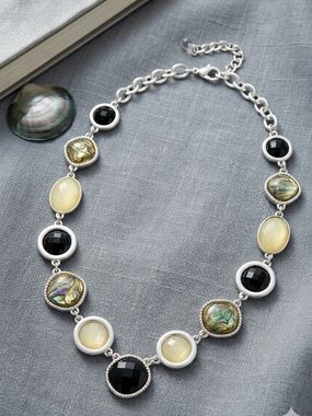 Elegant Multi-Stone Silver-Tone Necklace in Black, Cream, and Iridescent Green
